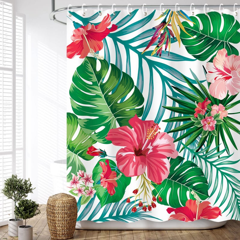 LIVILAN Floral Shower Curtain, Green Shower Curtain, Tropical Shower Curtains for Bathroom, Flower Shower Curtain, Botanical Shower Curtain Set with 12 Hooks, Plant Bathroom Decor, 72X72 inches - Image 3